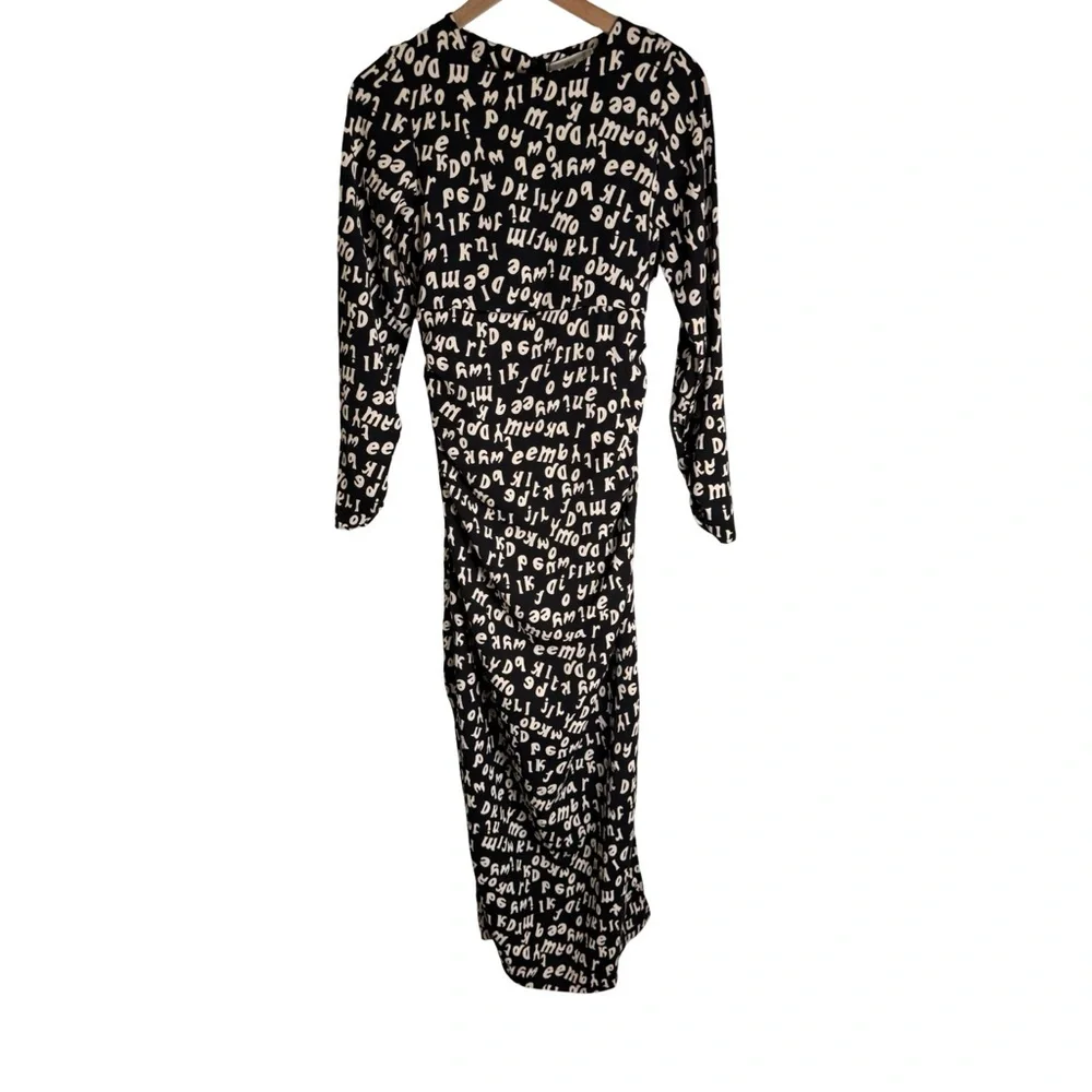 Mango‎ Typographic Print Maxi Dress Womens 4 Black Cream NWT Long Sleeve Ruched